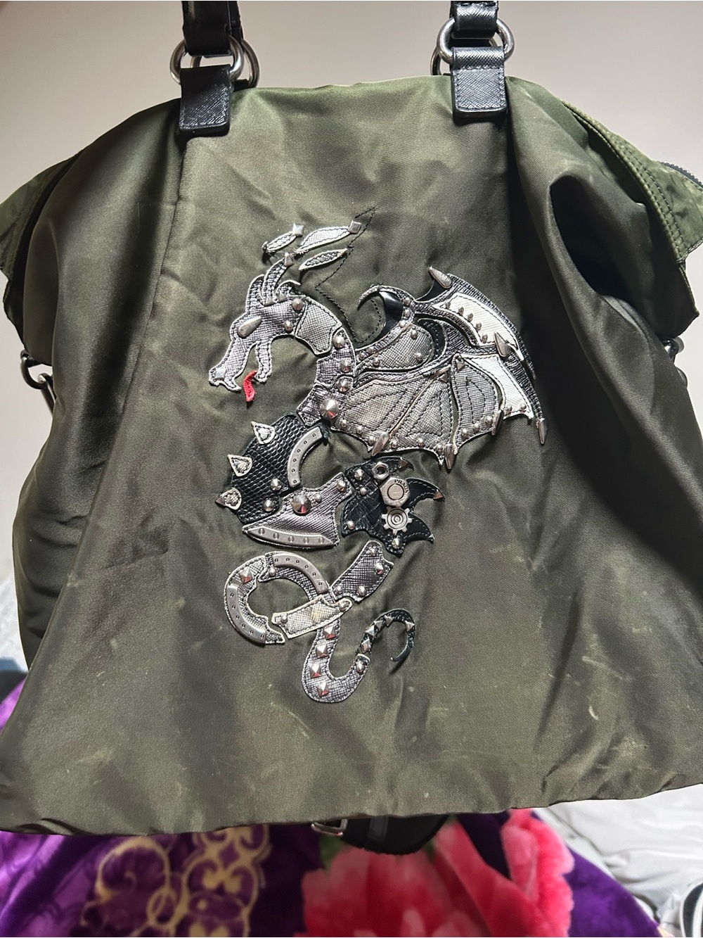 Prada Olive Green Men's Dragon Appliqué Bag - Picture 7 of 8